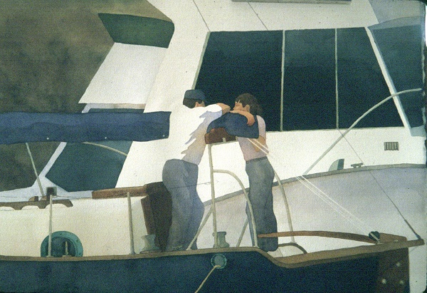 couple chatting over mailsail boom on a sailboat