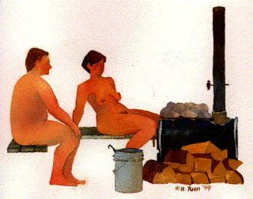 couple in a sauna heated with a woodstove