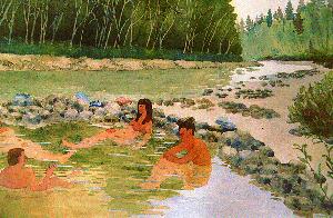 people sitting in hot springs by river and talking